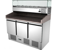 Saladette Pizza Preparation Marble Counter 3-Door and Glass Display on Top