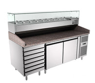Commercial Pizza Preparation Marble Counter 2-Door & 7-Drawer and Glass Display on Top