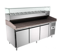 Commercial Pizza Preparation Marble Counter 3-Door and Glass Display on Top